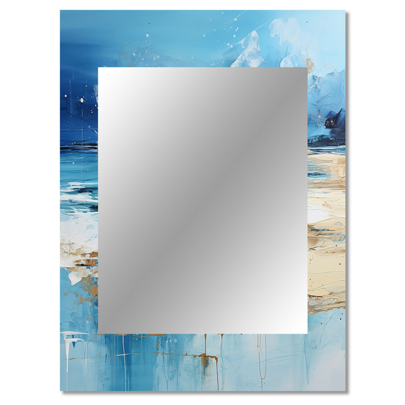 Bleu et beige Tranquility Beach II - grand miroir côtier, décor de miroir mural bleu unique, impression d'art en métal