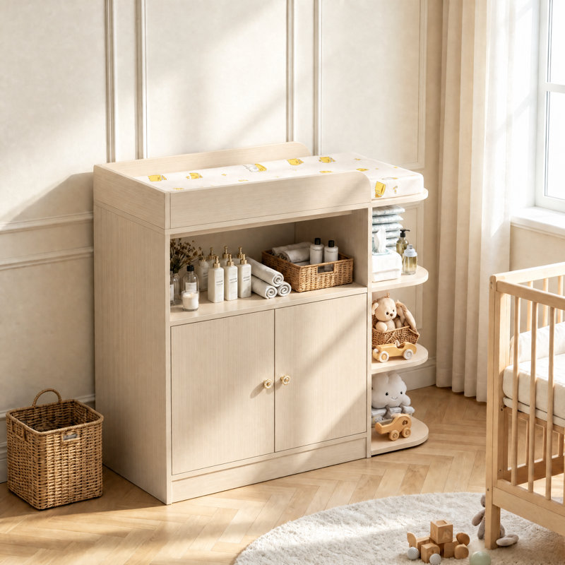Commode à langer pour bébé, avec grande armoire et 4 tablettes ouvertes, poste à langer multifonctionnel, Natural Wood
