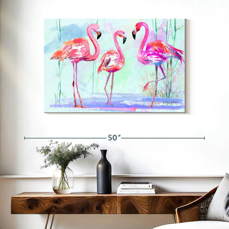 Trio flamant rose Brampt sur fond bleu, H 26 po x l 39 po