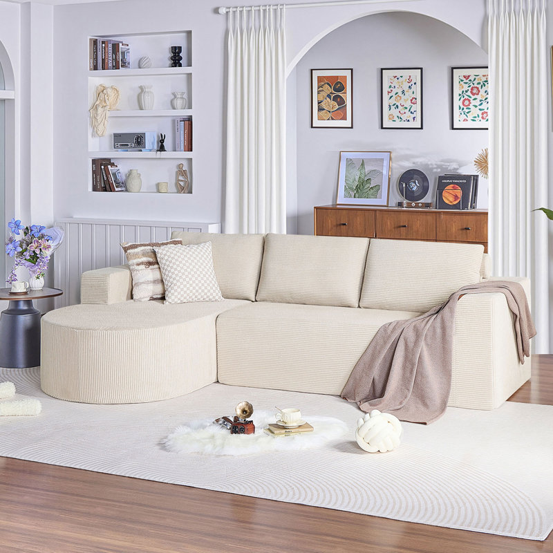 104.92" Corduroy L-shaped Compression Couch Sectional Sofa with Comfortable Chaise, Beige