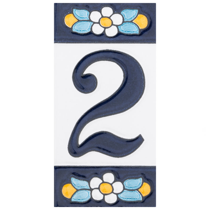Sevillano 2.13" x 4.38" Ceramic Floral Number Decorative Accent Tile in White/Blue