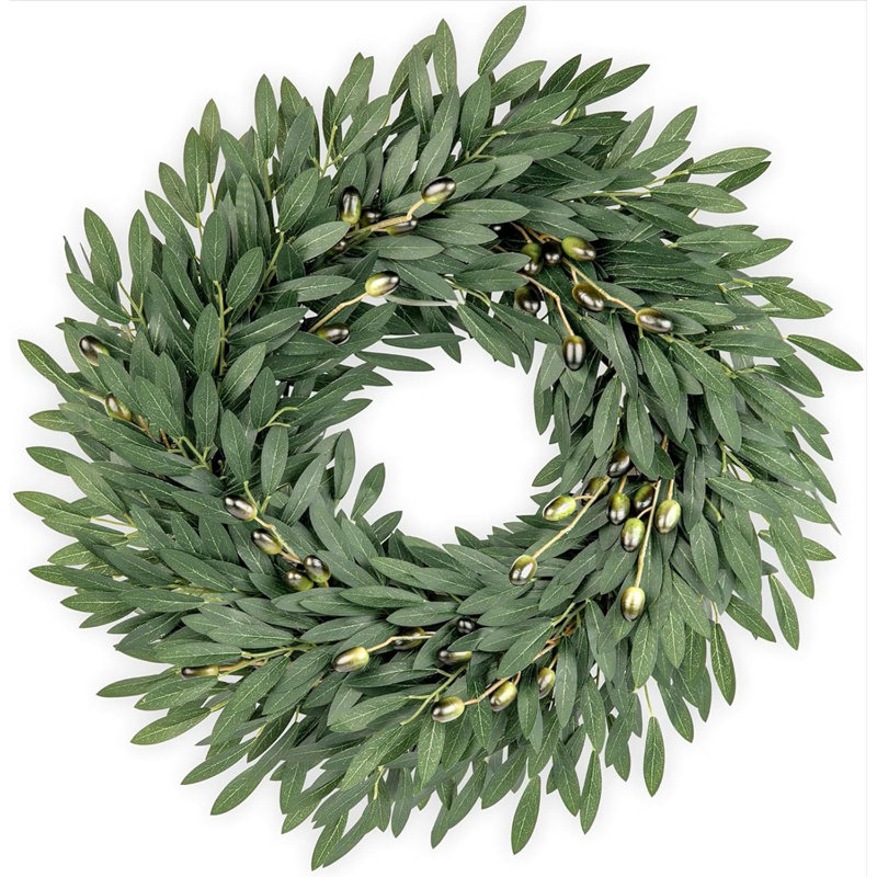 Couronne de 20 po olive pour décoration de porte d'entrée - Couronne de printemps et d'été avec base en fausse vigne - Décoration de porte de campagne rustique