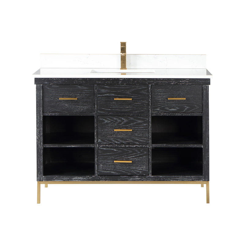 Ensemble de meuble-lavabo simple 48 po Kesia avec comptoir en pierre composite blanc de Carrare sans miroir, Noir, Or