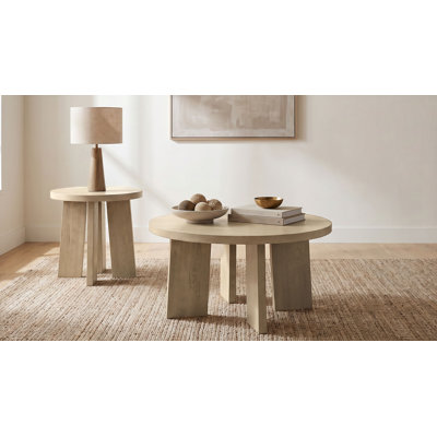 Strouse 2-Piece Round Table Set with Coffee Table and End Table, Natural Oak