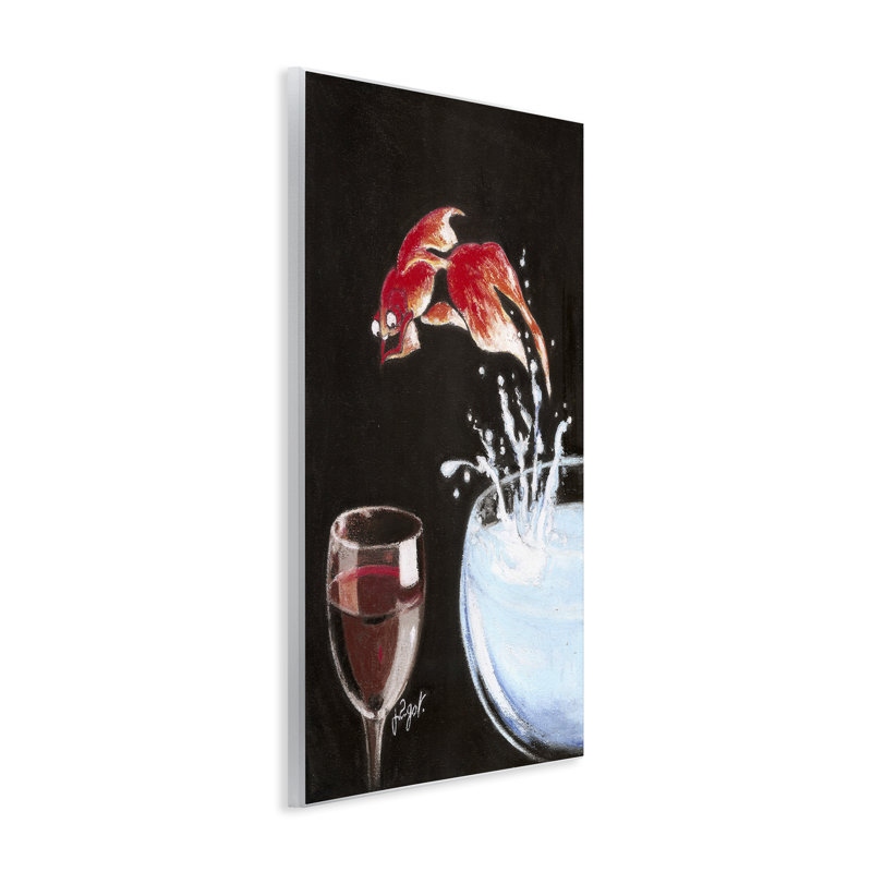 Poissons plongeant dans un verre à vin, art mural, design par Jean-Pierre Got, H 15 po x l 10 po