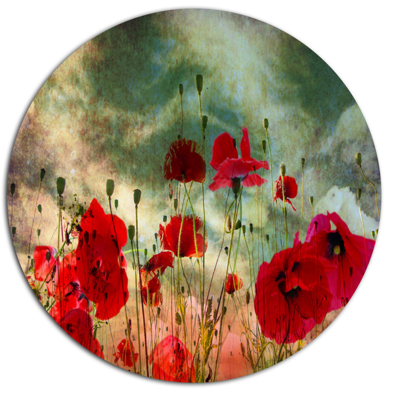 Wild Wild Poppy Flowers in Sky - Art mural floral en bois, H 36 po x l 36 po x P 1 po, Métal métal