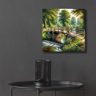  «Countryside Bridge Over Stream» par Rey Klimt, art mural en verre, 12 po x 12 po
