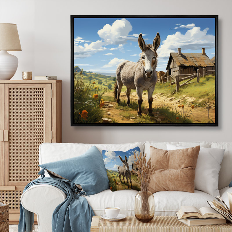 «Donkey Day At Farm I», reproduction d'art sur toile, Cadre flottant noir, H 16 po x l 32 po x P 1 po