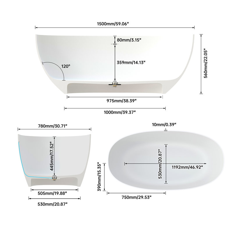 59 Inch Solid Surface Soaking Bathtub - Deep Soak Freestanding Tub