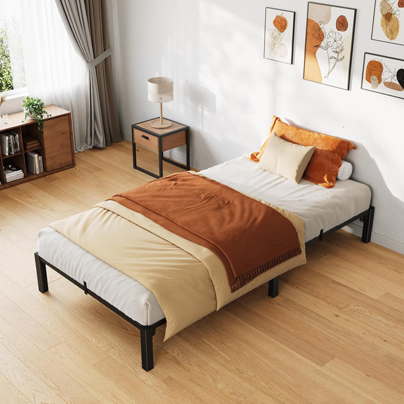 Cadre de lit simple de 8 pouces, cadre de lit plateforme en métal robuste avec support et pieds en lattes de fer durables, aucun sommier requis, aucune vis nécessaire, supportant jusqu'à 800 lb