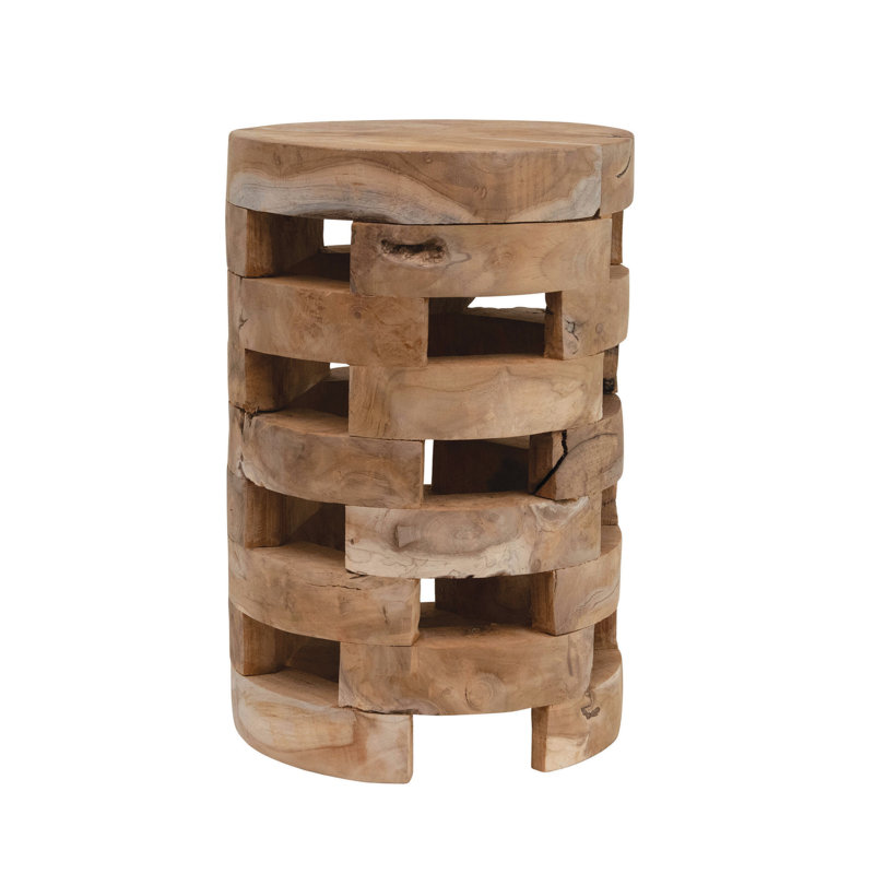 Tabouret rond en bois de teck avec surface texturée, Brun