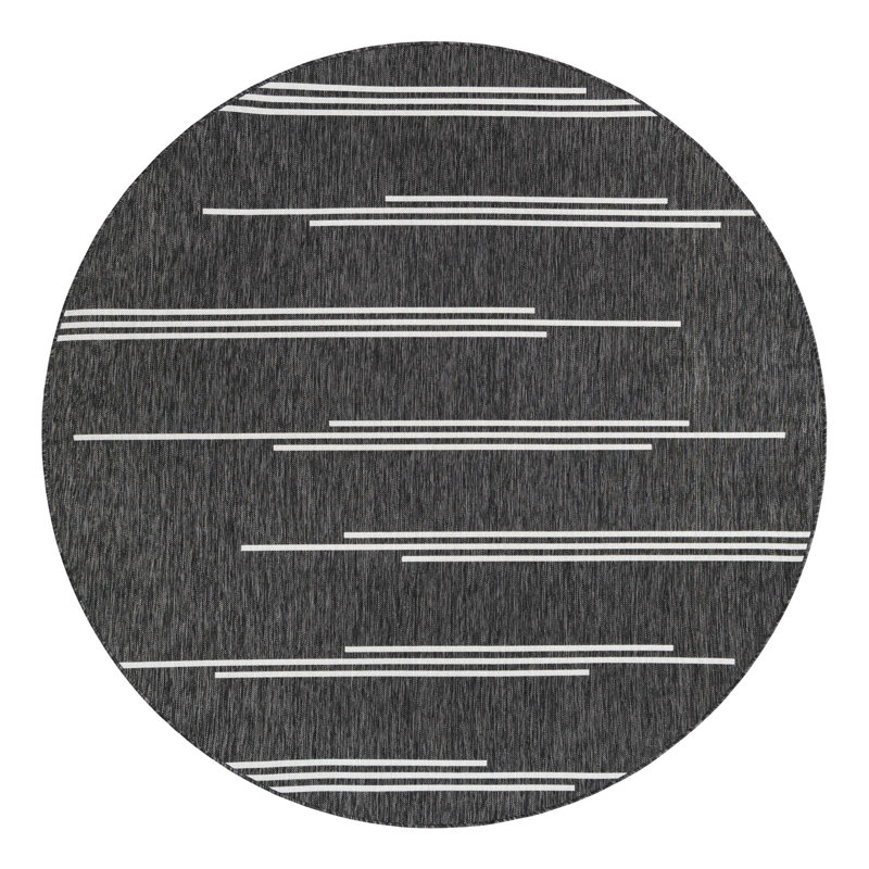 Tapis intérieur / extérieur en polypropylène géométrique tissé à la machine en noir / blanc, Rond 7 pi 10 po