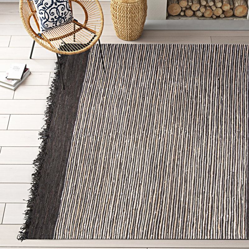 Exley Vintage Leather Hand Woven Leather Cotton/Jute Striped Rug in Dark Brown, Rectangle 6' x 9'