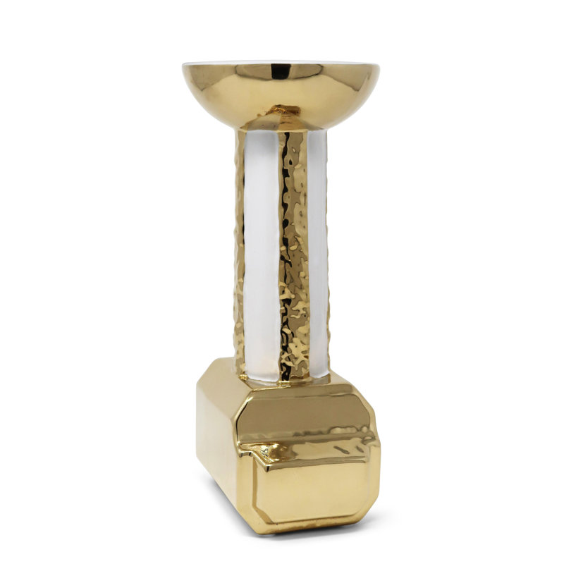 Porte-bougie doré et blanc, H 12,50 po x l 5 po x P 4,30 po