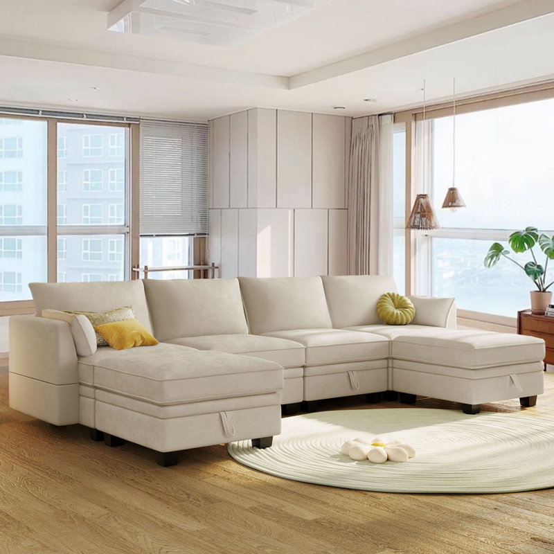 Jocimar Upholstered U-Shaped Sectional Symmetrical, Beige 100% Linen