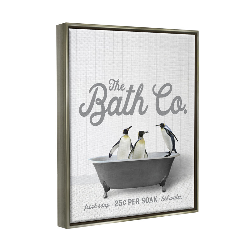 «Bathing Penguins In Tub», art mural encadré sur toile flottante par lettré et doublé, Cadre flottant gris lustré