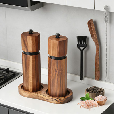 Manual Salt And Pepper Grinder Set With Wooden Tray, Adjustable Ceramic Mill For Kitchen, Refillable Spice Grinder With Spoon And Cleaning Tools