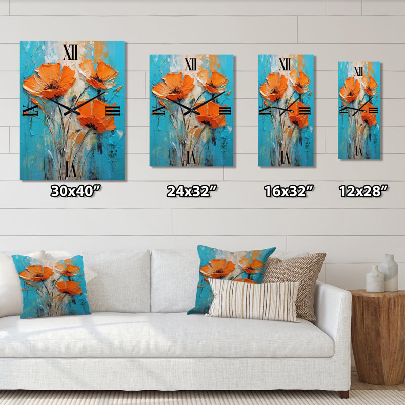 «Blossoming Poppes On Sky», peinture III - Horloge murale coquelicots, Très grand