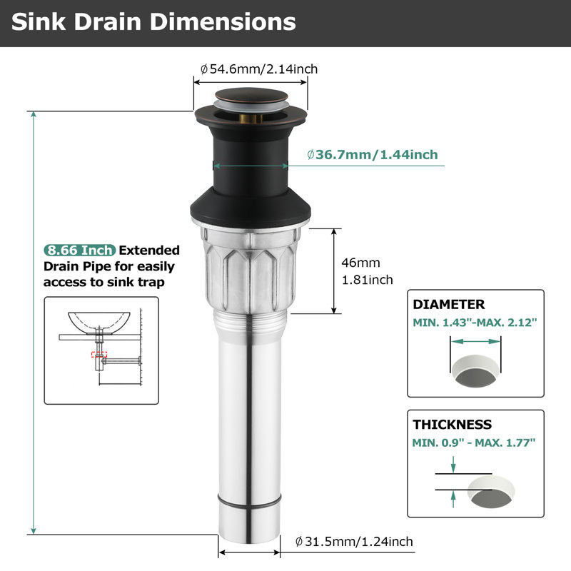 Drain escamotable de lavabo de salle de bain sans trop-plein, Bronze huilé