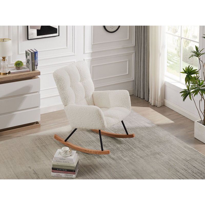 Comfy Upholstered Rocking Chair With High Backrest For Nursing, Reading, & Relaxation - Off White