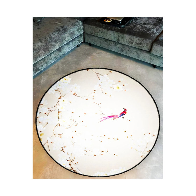 Decorative Carpet With White Flowers And Colorful Bird Details On Beige Woven Base, Round 5'