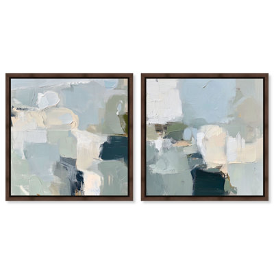 Seafoam and Sand Duo Framed Canvas Print Blue Wall Decor Set by Art Remedy, White Frame, 12 x 12