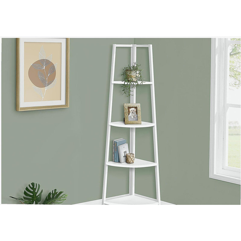 Étagère d'angle à 4 niveaux, avec tablette fixe et cadre en métal blanc, convenant au bureau ou à la chambre à coucher