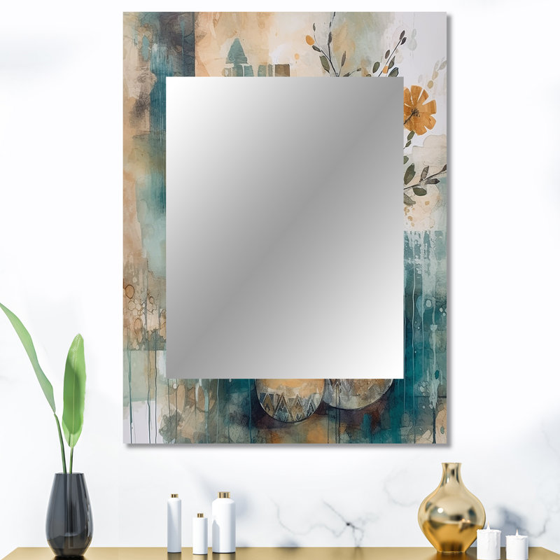 Orange And Green Abstract Bohemia IV - Boho Feather Wall Mirror, Traditional Decorative Mirror, Printed Metal Art, 40" x 30"