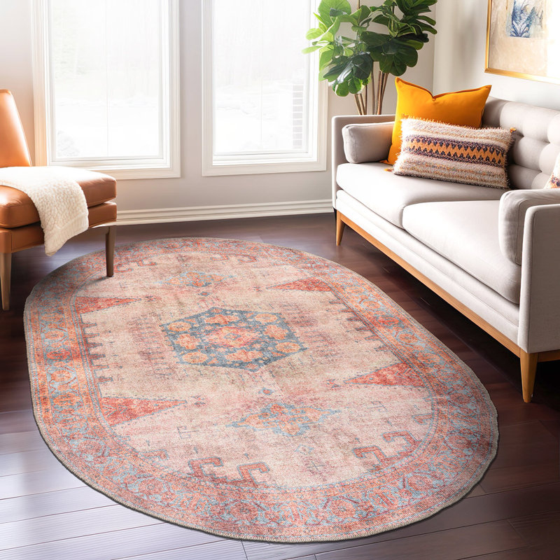 Griffey Vintage Boho Machine Washable Red/Blue Non-Slip Backing Area Rug, Oval 5' x 7'