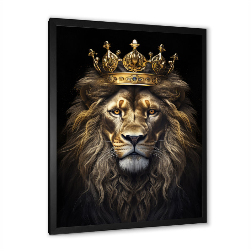 Majestic lion royal avec couronne d'or I - impressions sur toile de lion, Cadre simple noir, H 20 po x l 12 po x P 1 po