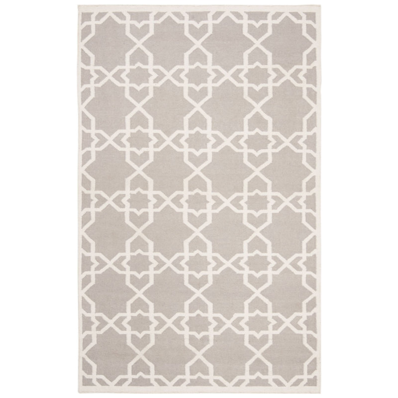 Rodgers Hand Woven Flat Weave Wool/Cotton Geometric Rug in Ivory/Gray, Rectangle 5' x 8'