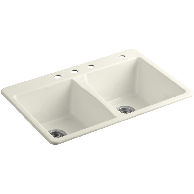 Deerfield 33" L x 22" W Double Basin Drop-In Kitchen Sink with Accessories, Biscuit, 4 Hole
