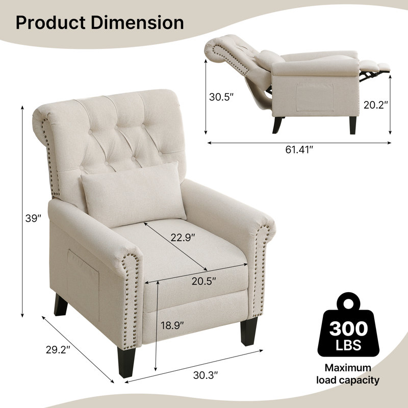 Fauteuil inclinable classique à dossier poussoir l 30 po avec rivets, Kaki