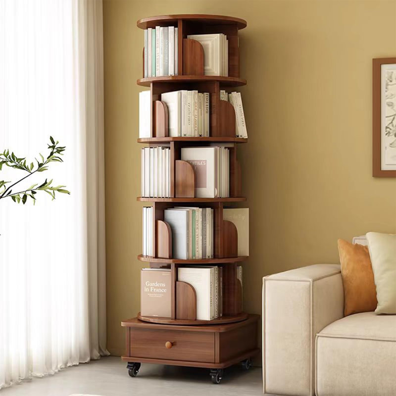6-Tier Rotating Bookshelf, Corner Book Shelf Bookcase with Wheels, 360° Spinning Storage Rack for Small Spaces, Narrow Shelves Wood Tower Organizer for Bedroom Living Room Study, Walnut Brown