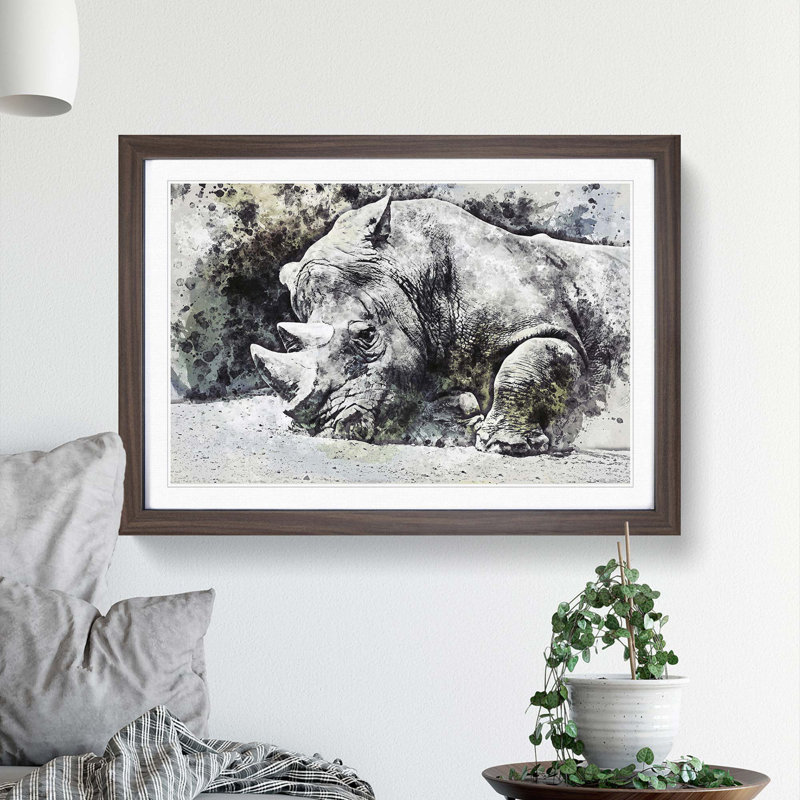 Resting Rhino in Abstract - Picture Frame Painting Print, Walnut Framed, 48cm H x 65cm W x 2cm D