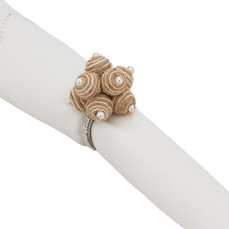 Natural Spiral Ball Napkin Ring Holders with Beaded Design, Set of 4