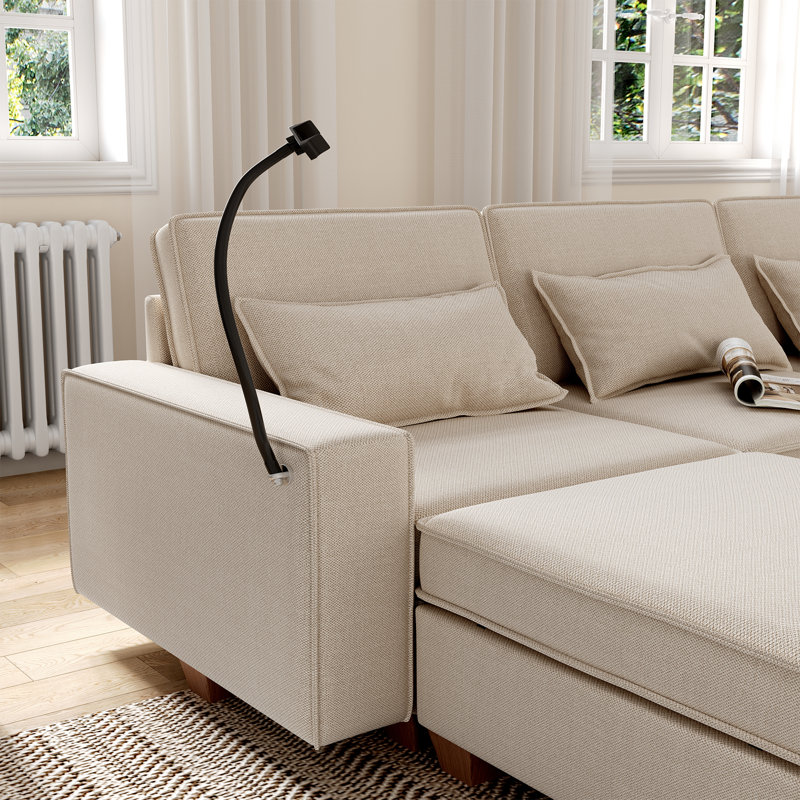 Canapé modulaire en forme de U 112,6 po 6 places avec siège de rangement et support pour téléphone, Tissu beige