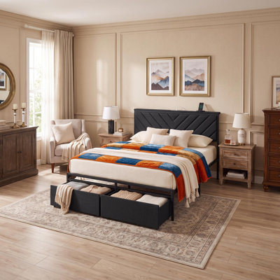 Full Size Upholstered Platform Bed with 2 Storage Drawers and USB Charging Port, Metal Frame with Engineered Wood Slats, V-Stitch Headboard for Small Bedroom Guest Room, Black
