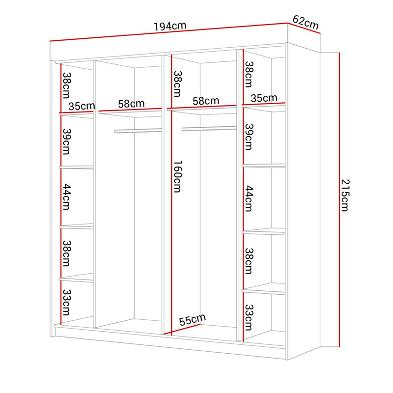 Laleh 2 Door Sliding Wardrobe, 215cm H x 194cm W x 62cm D