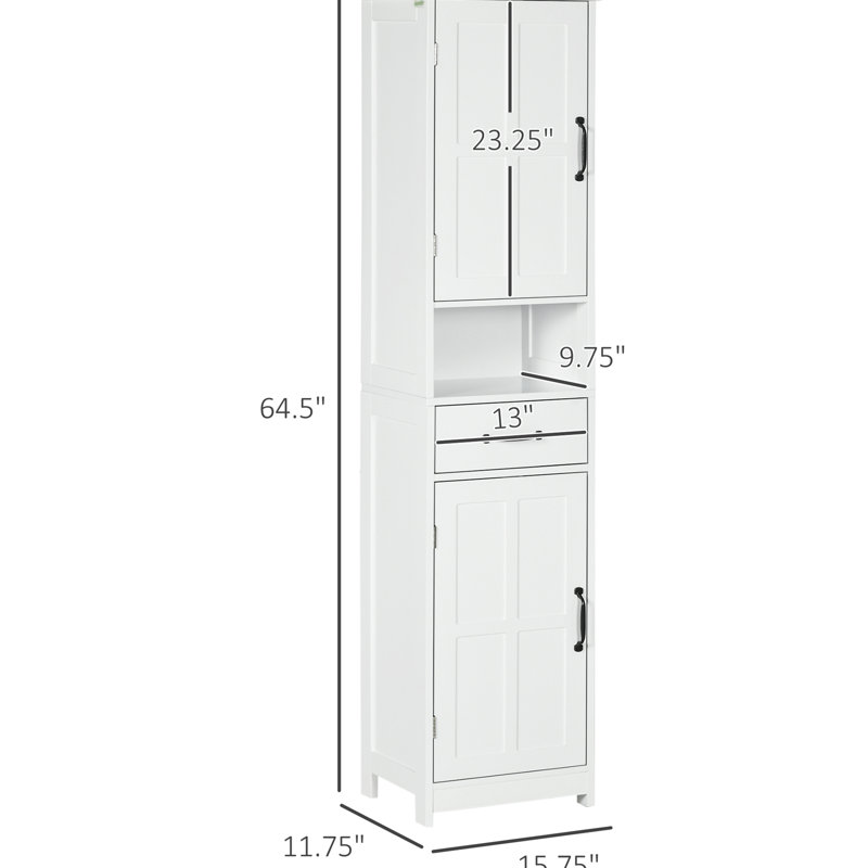 Grande armoire à linge blanche - Rangement de salle de bain avec tablette ouverte, tiroir, portes encastrées et tablettes réglables, tablettes intégrées