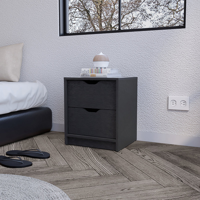 Nightstand Gandu, Two Drawers, Black Wengue Finish, Black