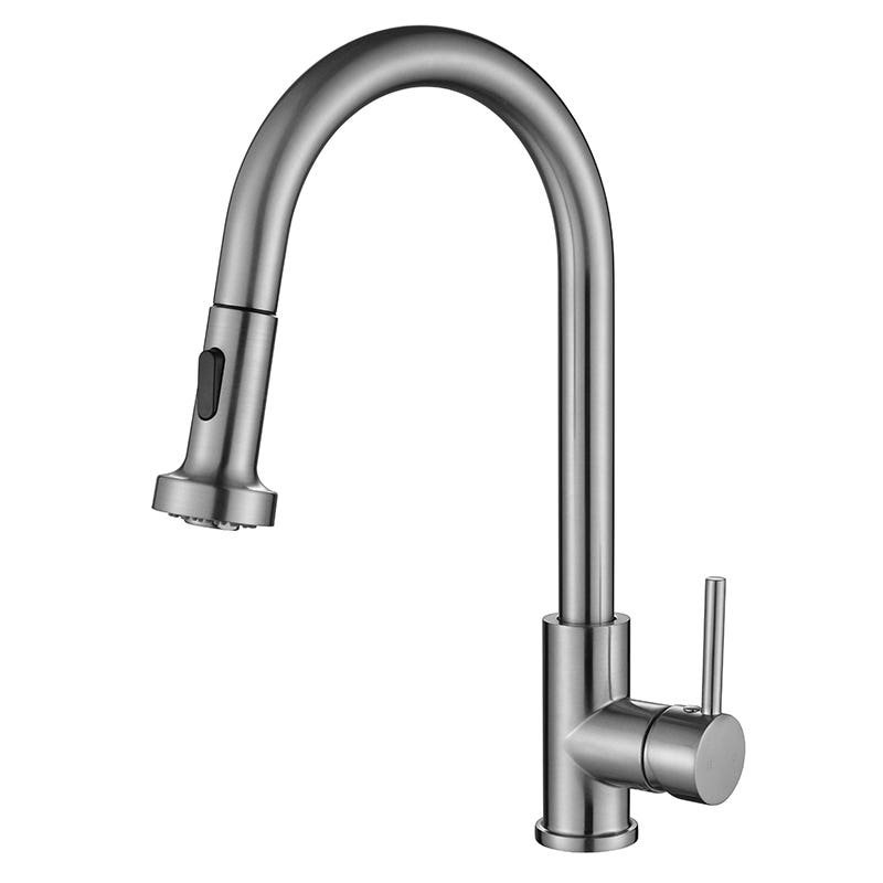 Robinet de cuisine rétractable à poignée simple avec accessoires, Nickel brossé