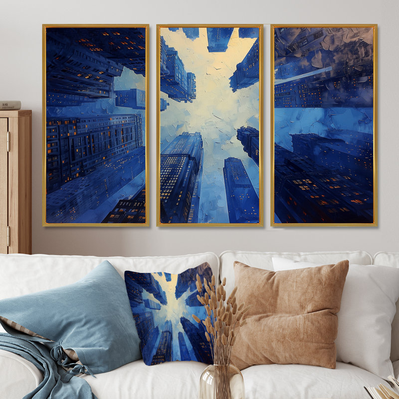Schulz - Ensemble de décoration murale gratte-ciel, Toile avec cadre flottant or, H 40 po x l 60 po x P 1 po