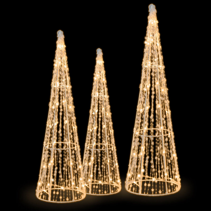 3 Piece Set Christmas Cone Trees Glittered Lighted Display