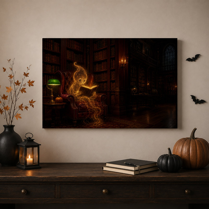 Fantôme lumineux lisant un livre dans une bibliothèque sombre, avec une toile murale d'Halloween, H 32 po x l 48 po