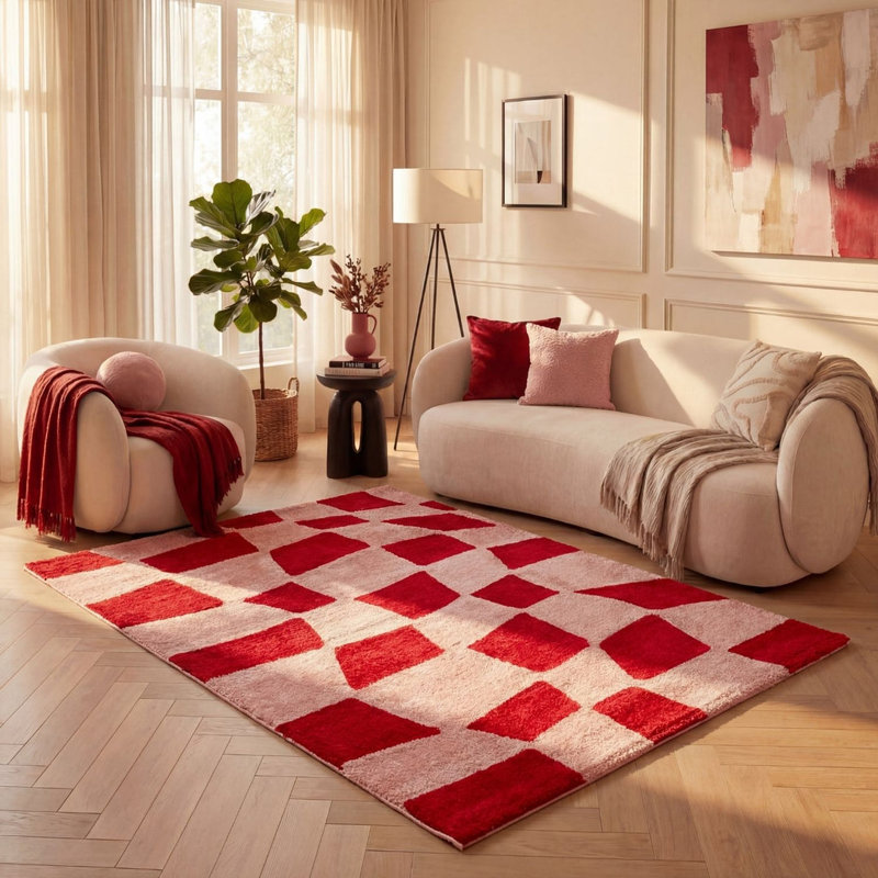 Joli Chequered Area Rug Soft Dense Pile for Living Rooms and Bedrooms, Red/Pink, Rectangle 120 x 170 cm
