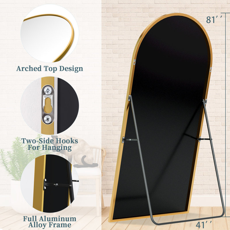 Arched Black Floor Mirror With Stand, 38x77 Inch Freestanding Full Body Mirror For Bedroom, Gold, 81" x 41"