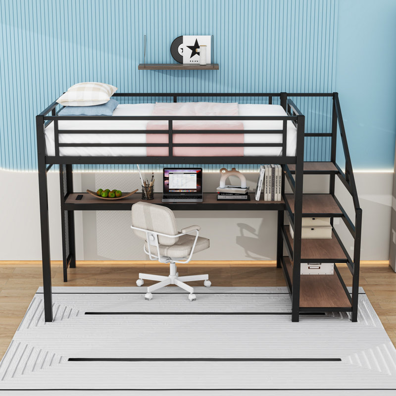 Lit mezzanine en métal avec bureau, escalier de rangement, lumières DEL et ports USB, Full