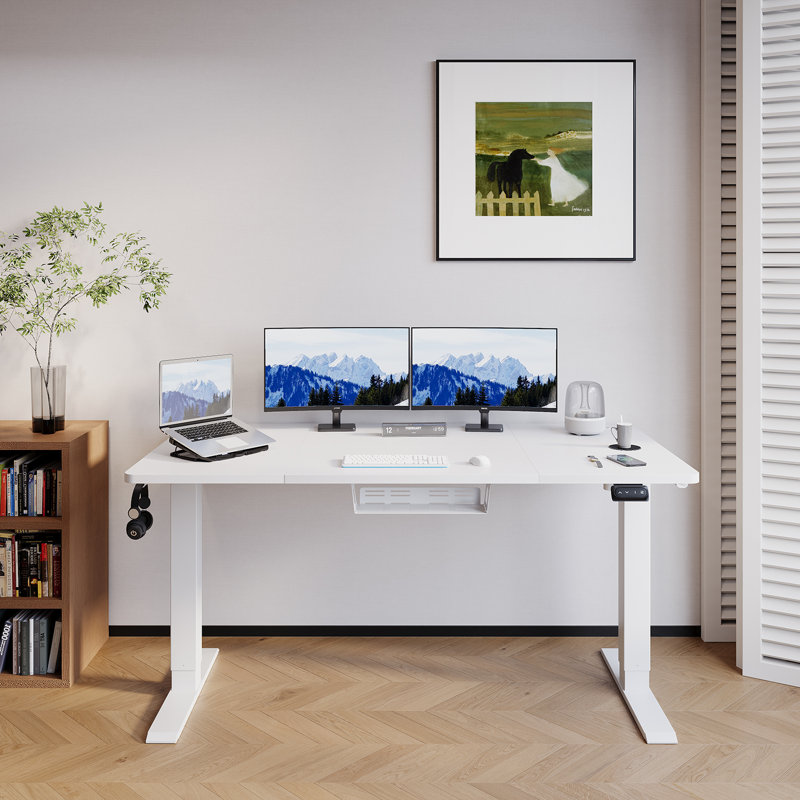 Electric T-Shape Height Adjustable Standing Desk, 160cm W x 70cm D, White