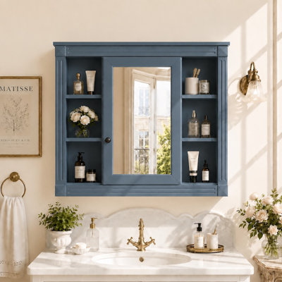 35 in. W x 28.7 in. H Rectangular MDF Wall Mounted Bathroom Medicine Cabinet with Mirror in Blue